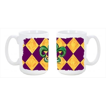 Carolines Treasures 8133CM15 Mardi Gras Fleur De Lis Purple Green And Gold Dishwasher Safe Microwavable Ceramic Coffee Mug 15 Oz.